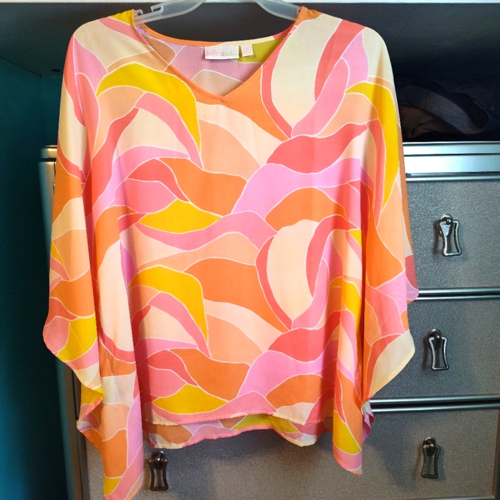 Belle by Kim Gravel Pink Orange Yellow Abstract Wave Blouse